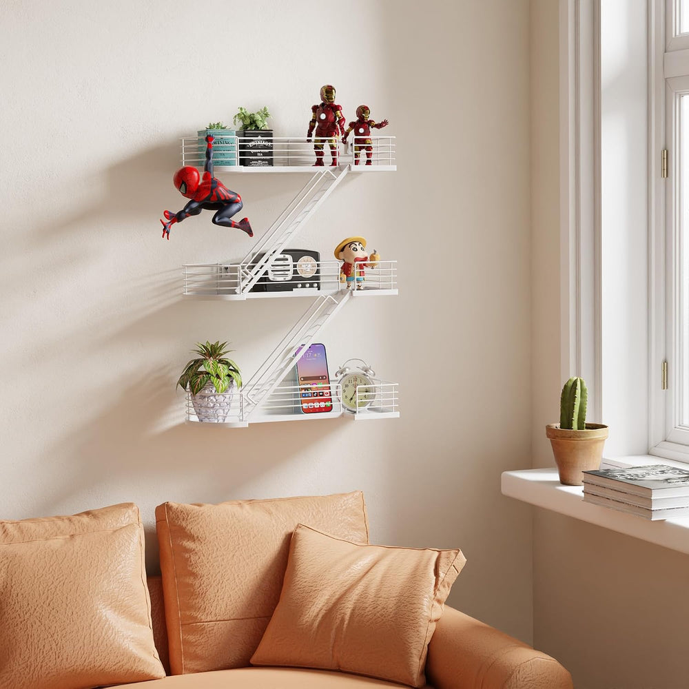 15 Inch Fire Escape Wall Shelf - White Metal Decorative Shelves, Eye-Catching...