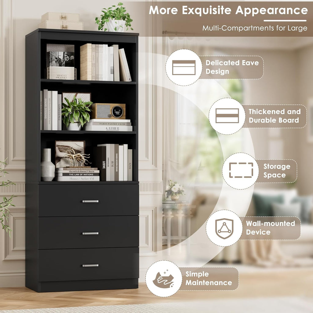 FOTOSOK 71" Black Bookshelf with 3 Drawers, Tall Bookshelf and Bookcase