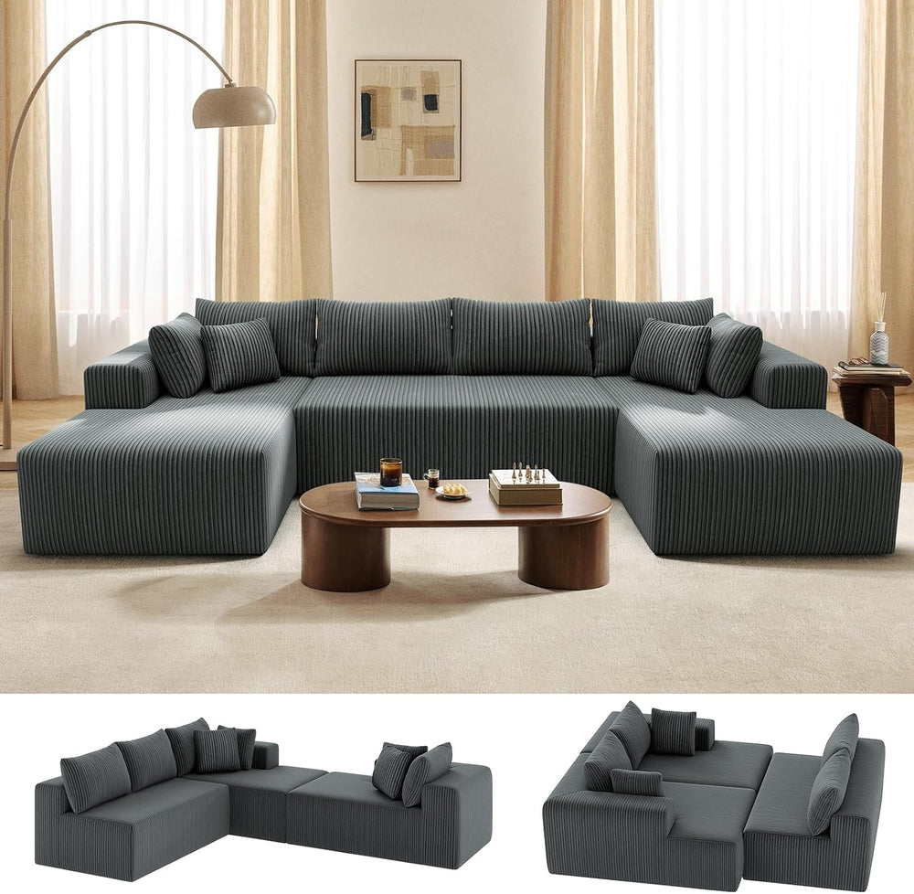 134'' Cloud Couch U-Shaped Sectional Sofa, Corduroy Boneless Couches