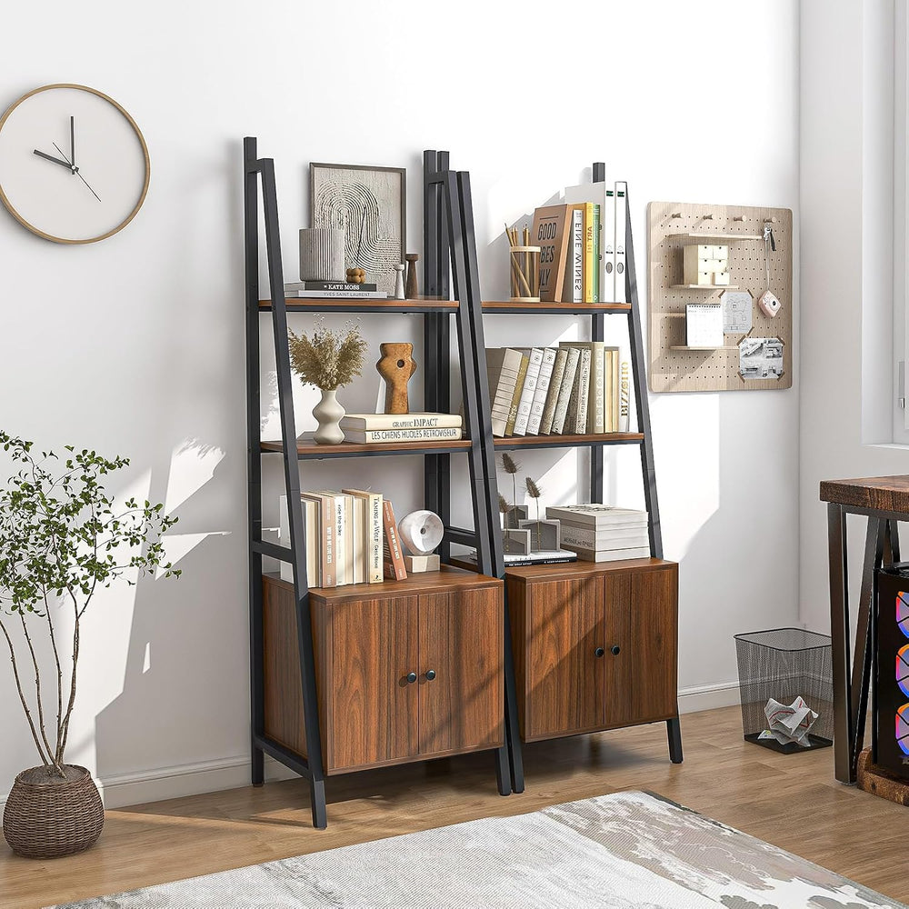 Tangkula 4-Tier Ladder Shelf, Industrial Bookshelf w/Cabinet, Rustic Brown
