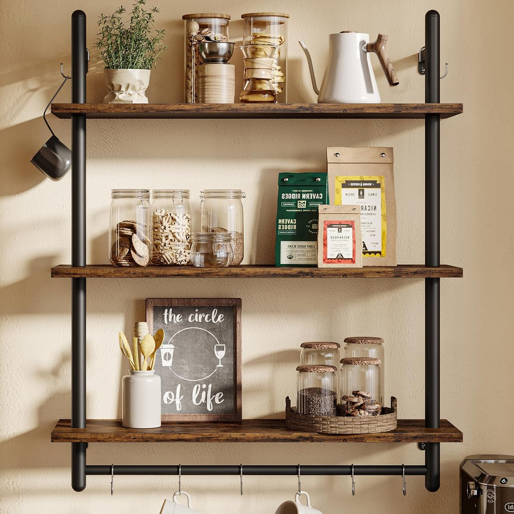 Bestier 3 Tier Industrial Pipe Shelving, Floating Book Shelves for Wall, Stor...