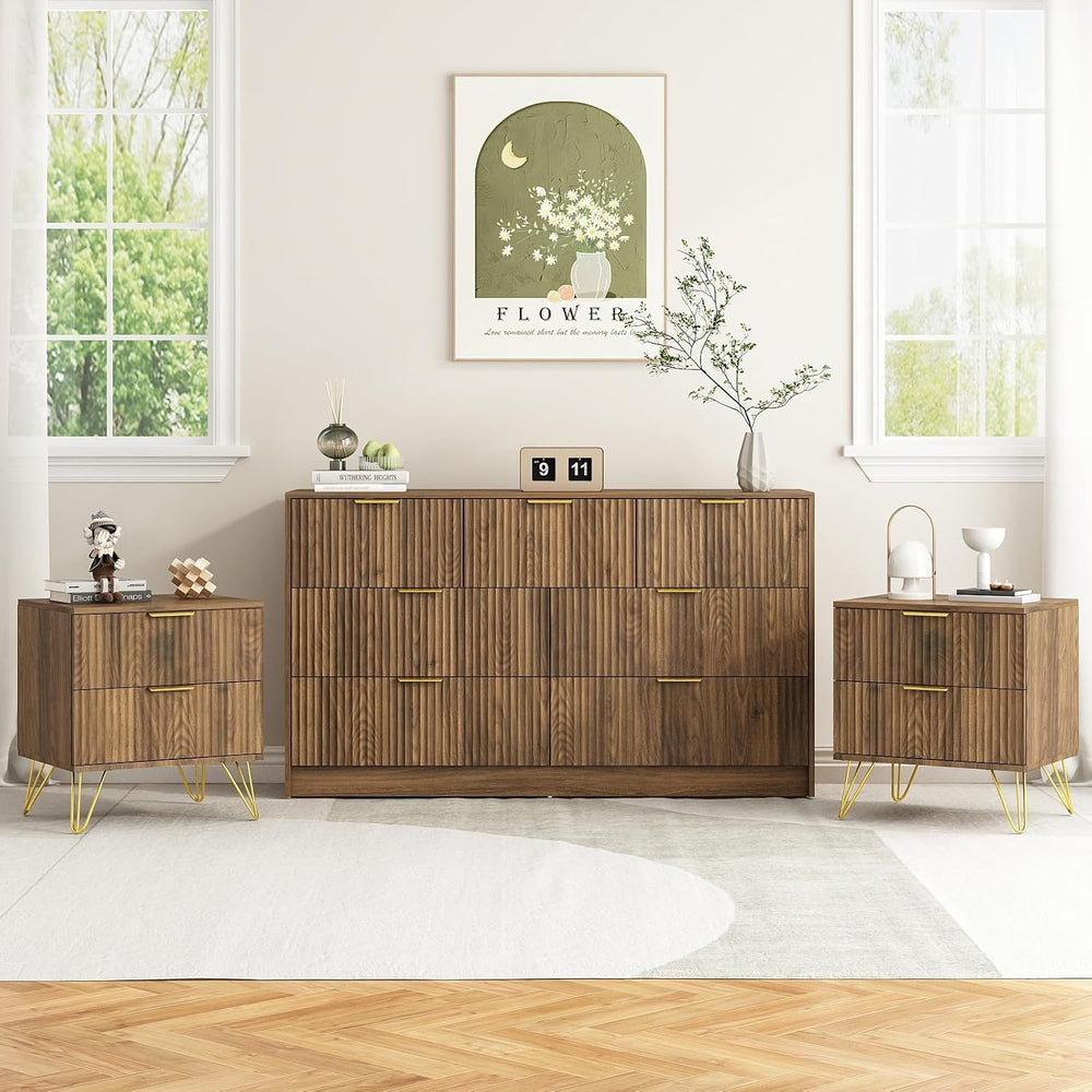 7 Drawer Dresser and Nightstand Sets for Bedroom, 3 Pcs Bedroom Set, Walnut丨N...