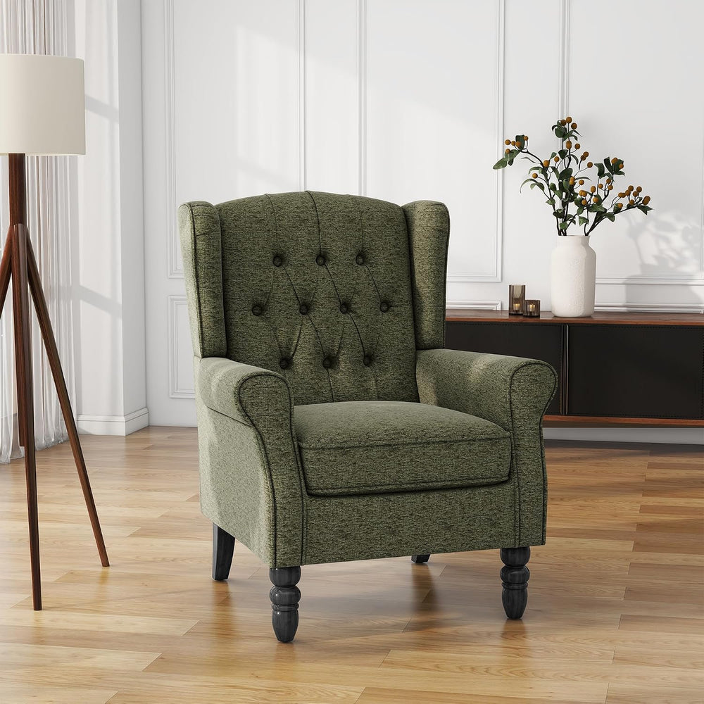 High Back Accent Chair, Fabric Upholstered Wingback Armchair, Green