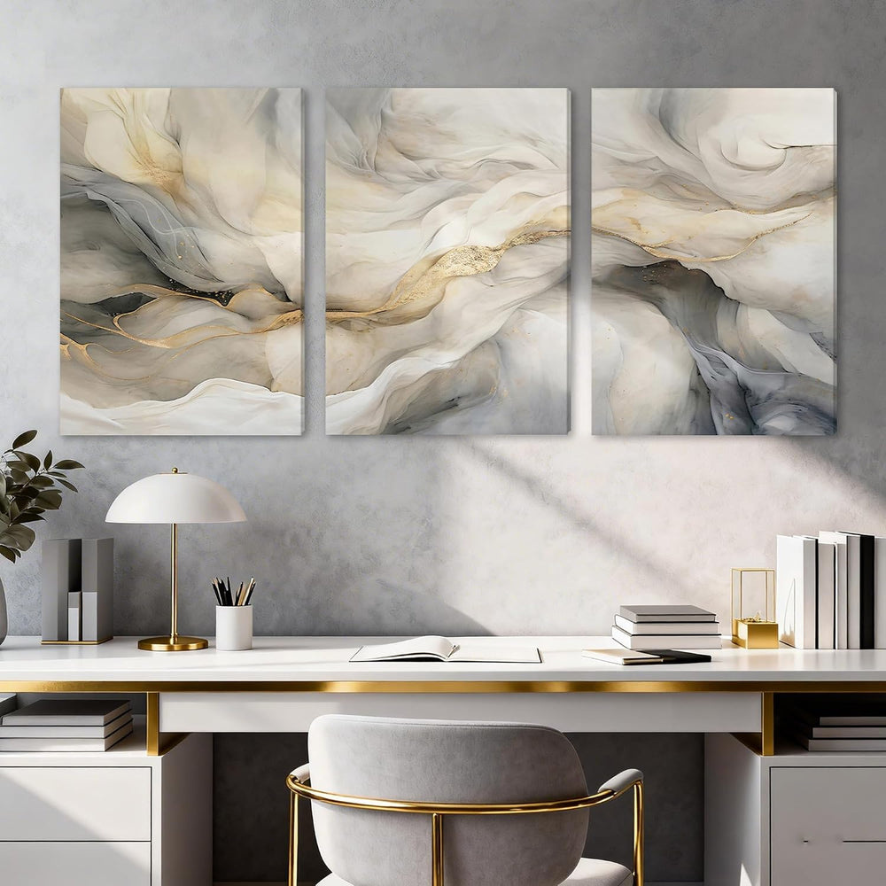 EJPFOGV Triptych Grey White Gold Wrapped Canvas Wall Art 16x24 inches x3