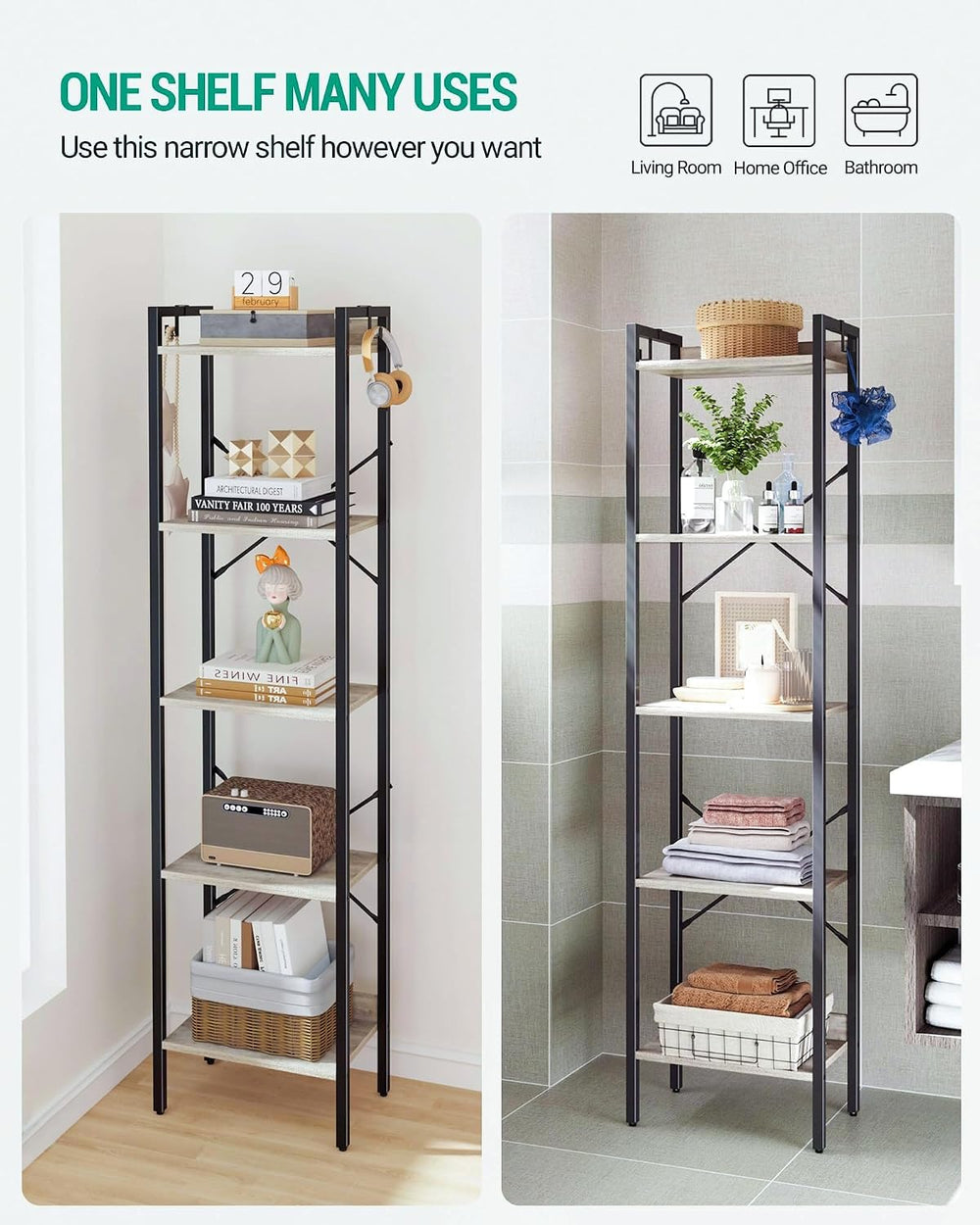 Hzuaneri Bookshelf, Book Shelf, Industrial Bookcase with 2 Hooks
