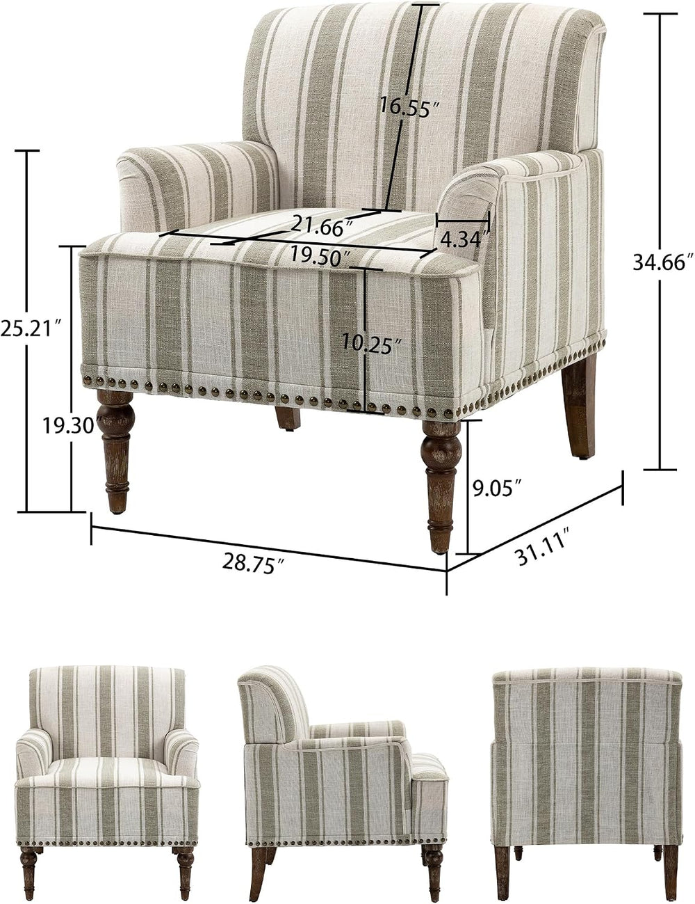 Mid-Century Modern Accent Chair, Brown Stripe, Set of 1