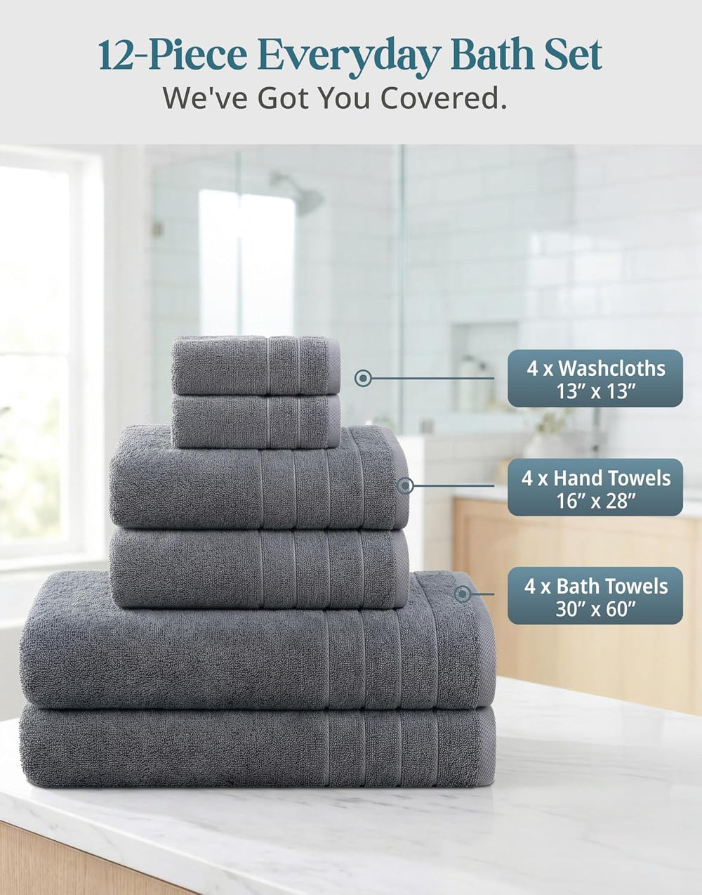 Casa Platino Bath Towel Set 100% Cotton 12 Piece Soft Absorbent - Cool Grey