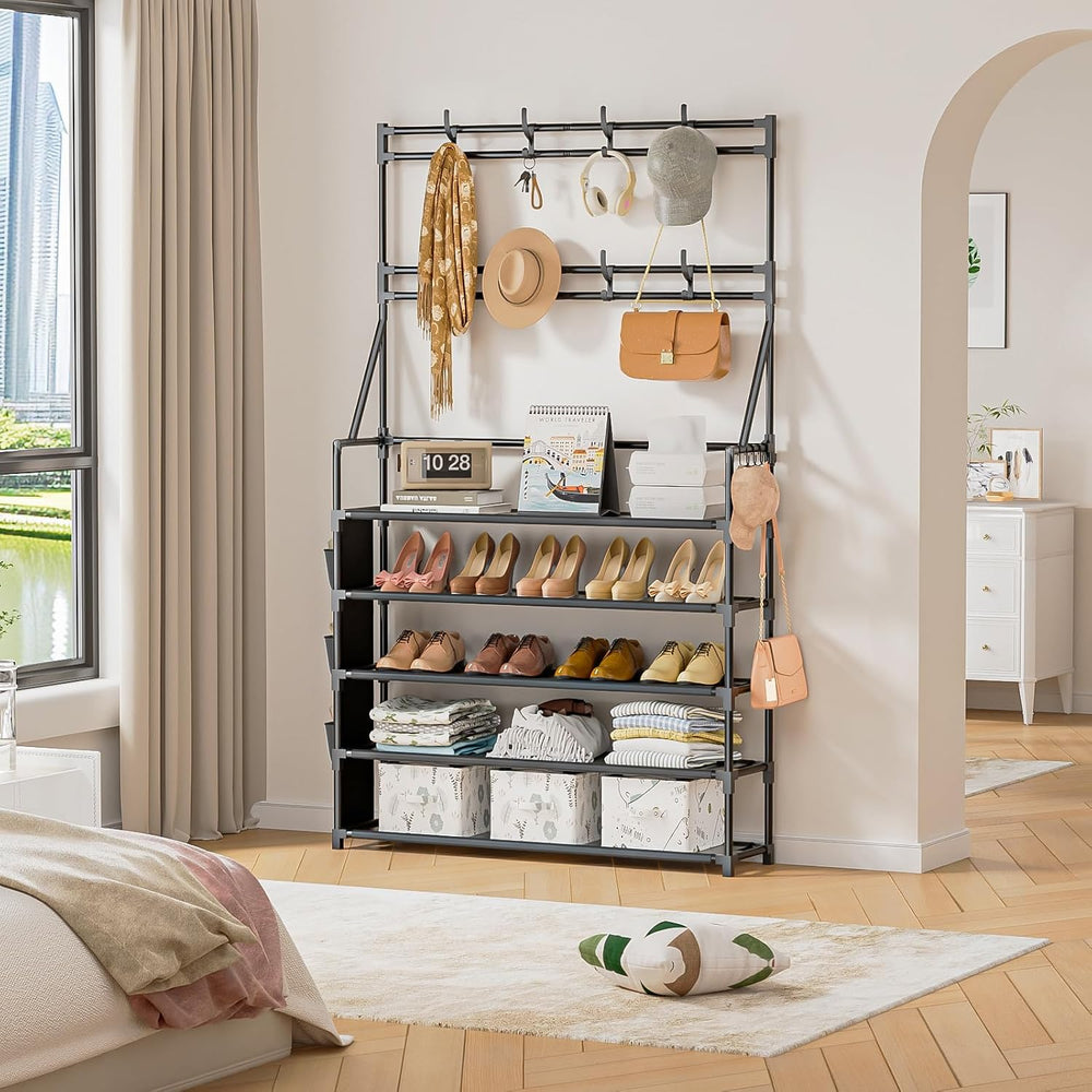 OYREL Shoe Rack, 5 Tier Shoes Storage Organizer with Hooks and Side Pocket