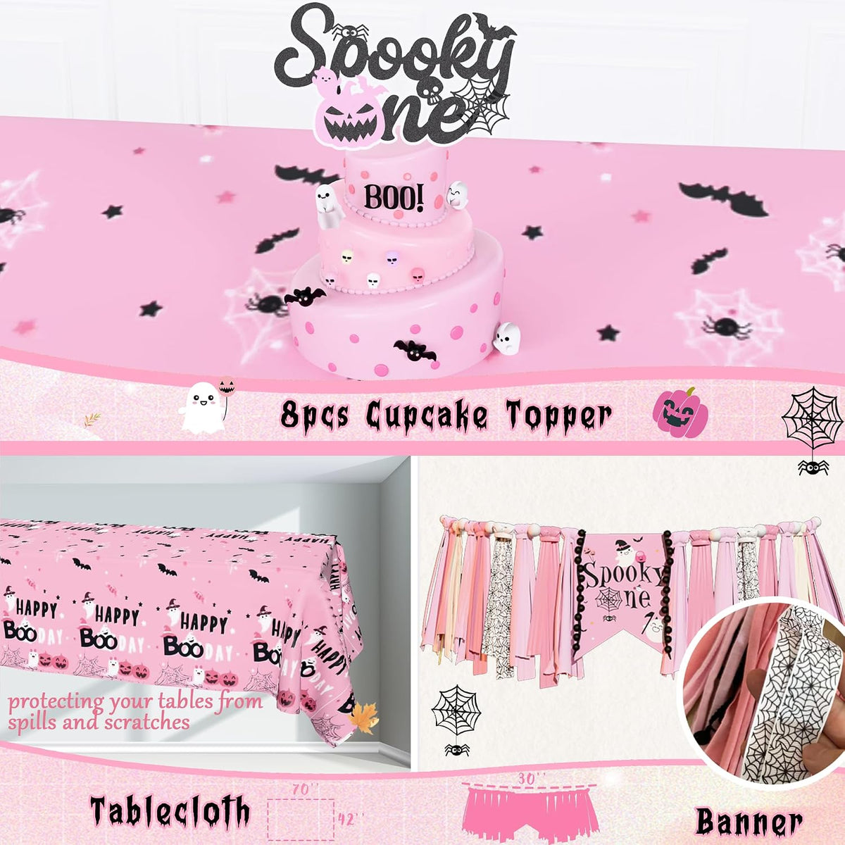 Halloween 1st Birthday Party Decorations,Spooky One Birthday Supplies Decor (Pink)