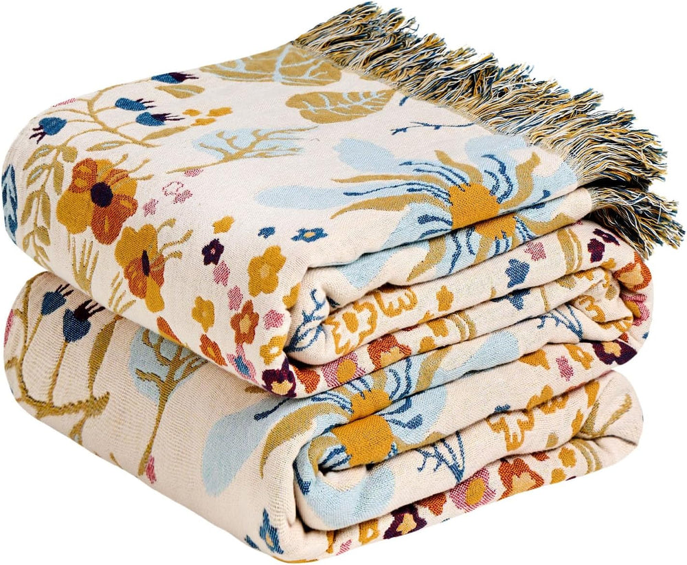 Cotton Throw Blanket Boho - 50"x60" Soft Floral Blankets, Sofa, Bed