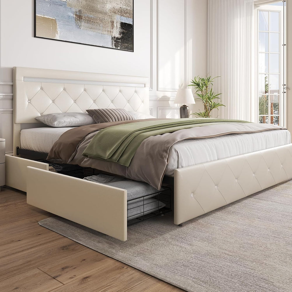 Benevika Full Size Bed Frame with 4 Drawers and LED Light, Charge Station, PU...