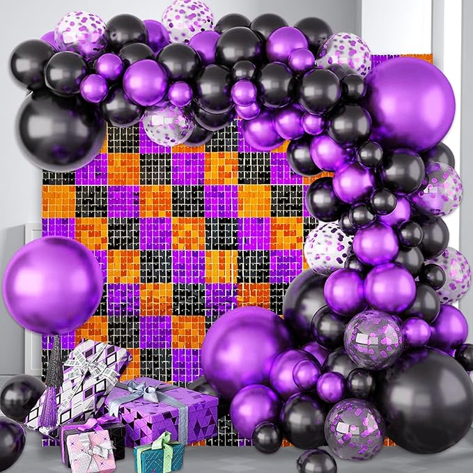 24PCS Black Orange Purple Shimmer Wall Backdrop, Halloween Square Sequin Photo Backdrops Panel, Glitter Wall Background for Birthdays, Weddings, Halloween Party Decor (4FTx6FT)