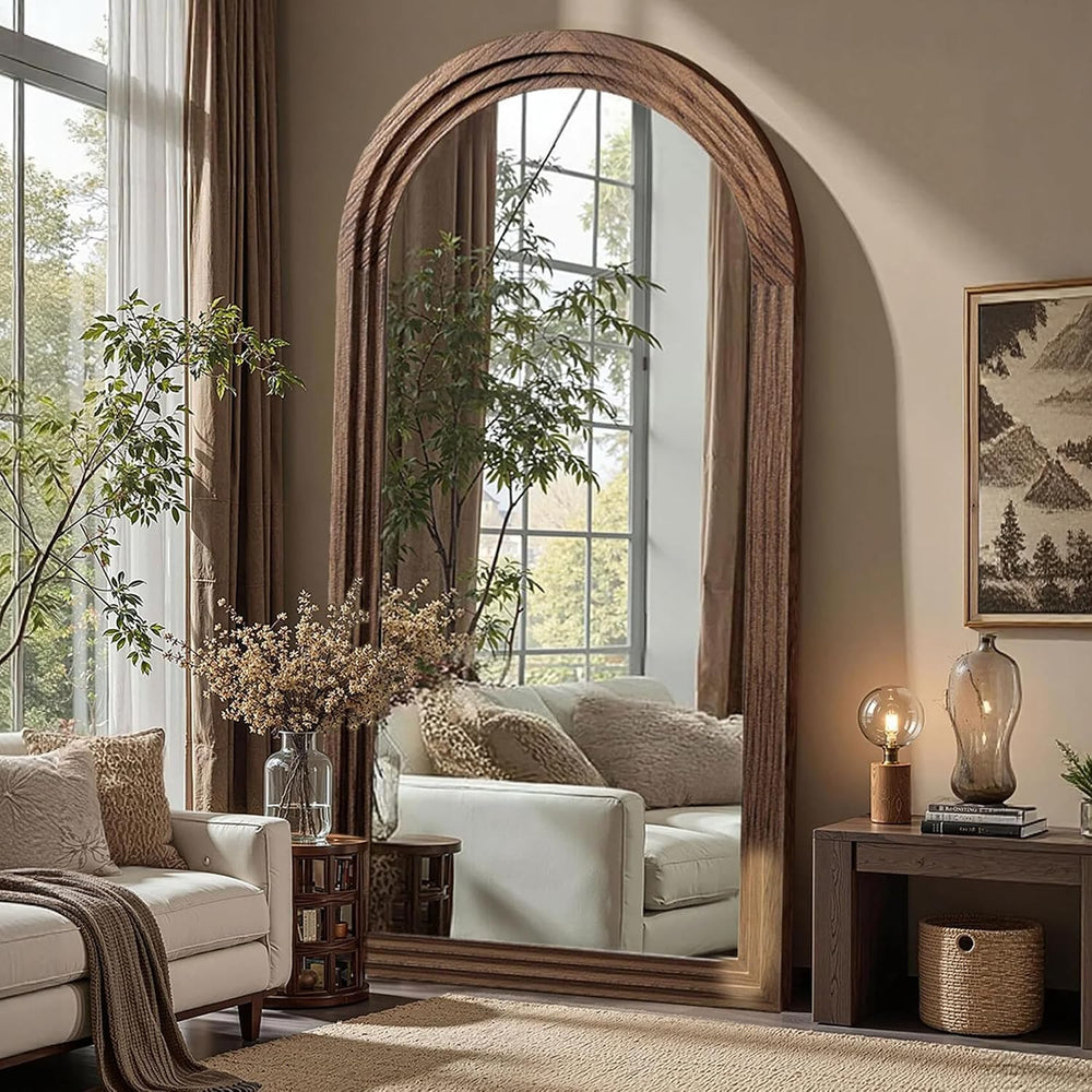 Delma Arched Full Length Mirror with Stand, 75x35 Brown Wood Floor Mirror