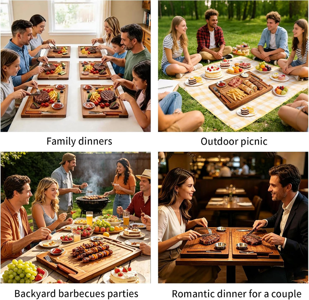 Acacia Wooden Steak Plate Board Set with Knife Fork & Sauce Cups 2 Set Pack