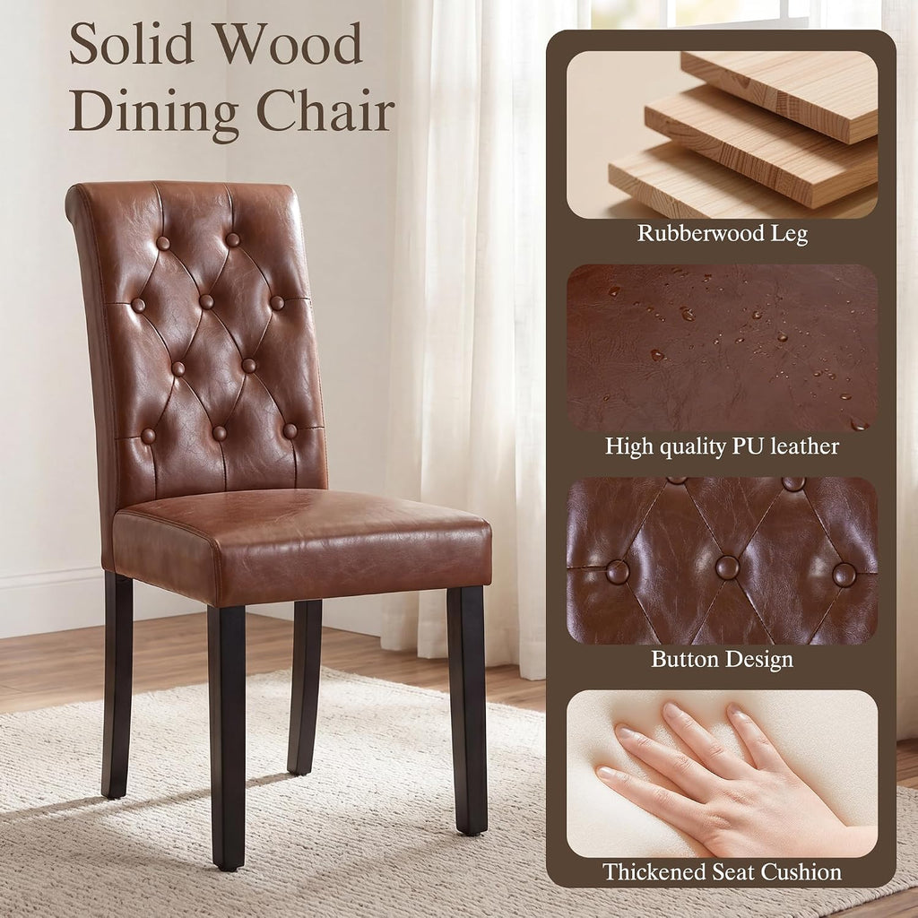 LSSBOUGHT Set of 2 Modern Tufted Dining Chairs, Button Padded Fabric Chairs with Solid Wood Legs, Upholstered Armless Dining Side Chairs for Home Dining Room(Brown,No Table)