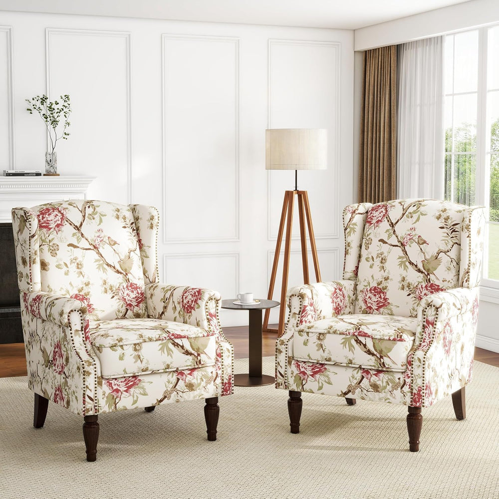 Floral High Back Accent Chairs Set of 2, Wingback Armchair in Fabric