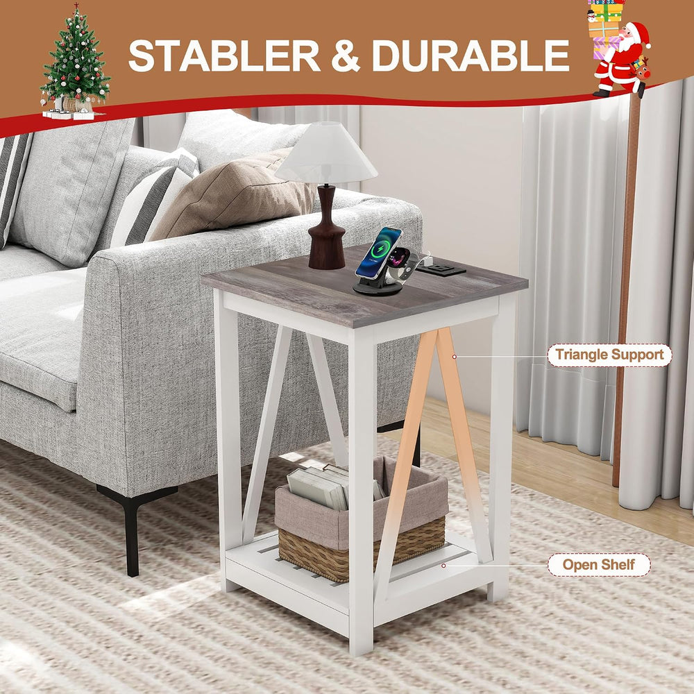 End Table, Farmhouse Square Side Table with 2 USB Ports & 2 Power Outlets