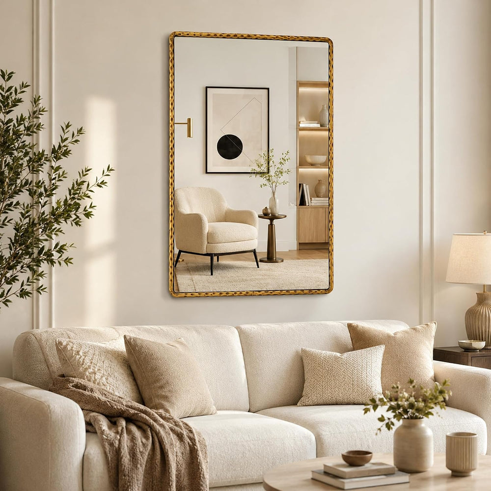 24"x36" Hammered Antique Gold Bathroom Mirror, Rounded Rectangle