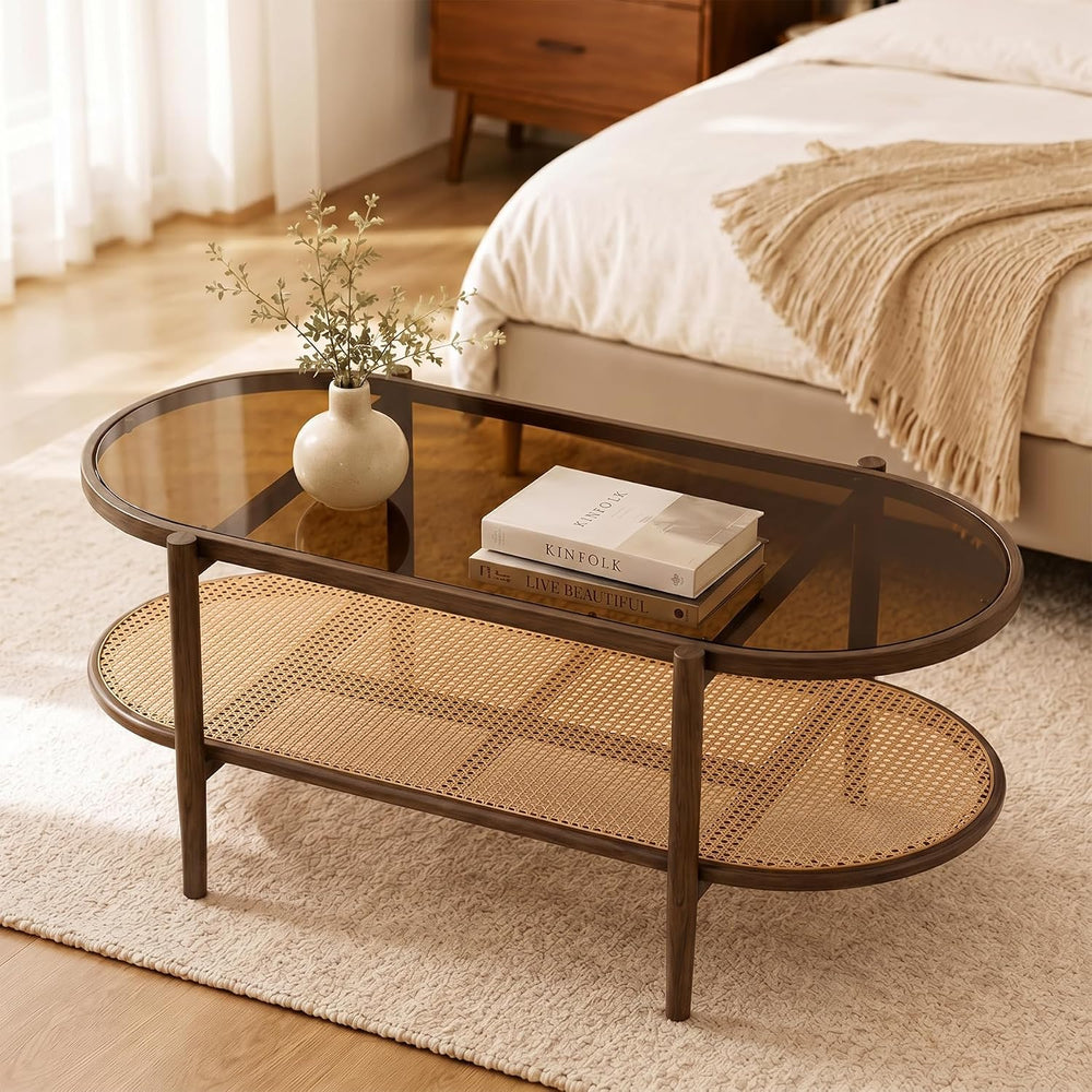Boho Oval Coffee Table with Storage Shelf, 2-Tier Tempered Glass