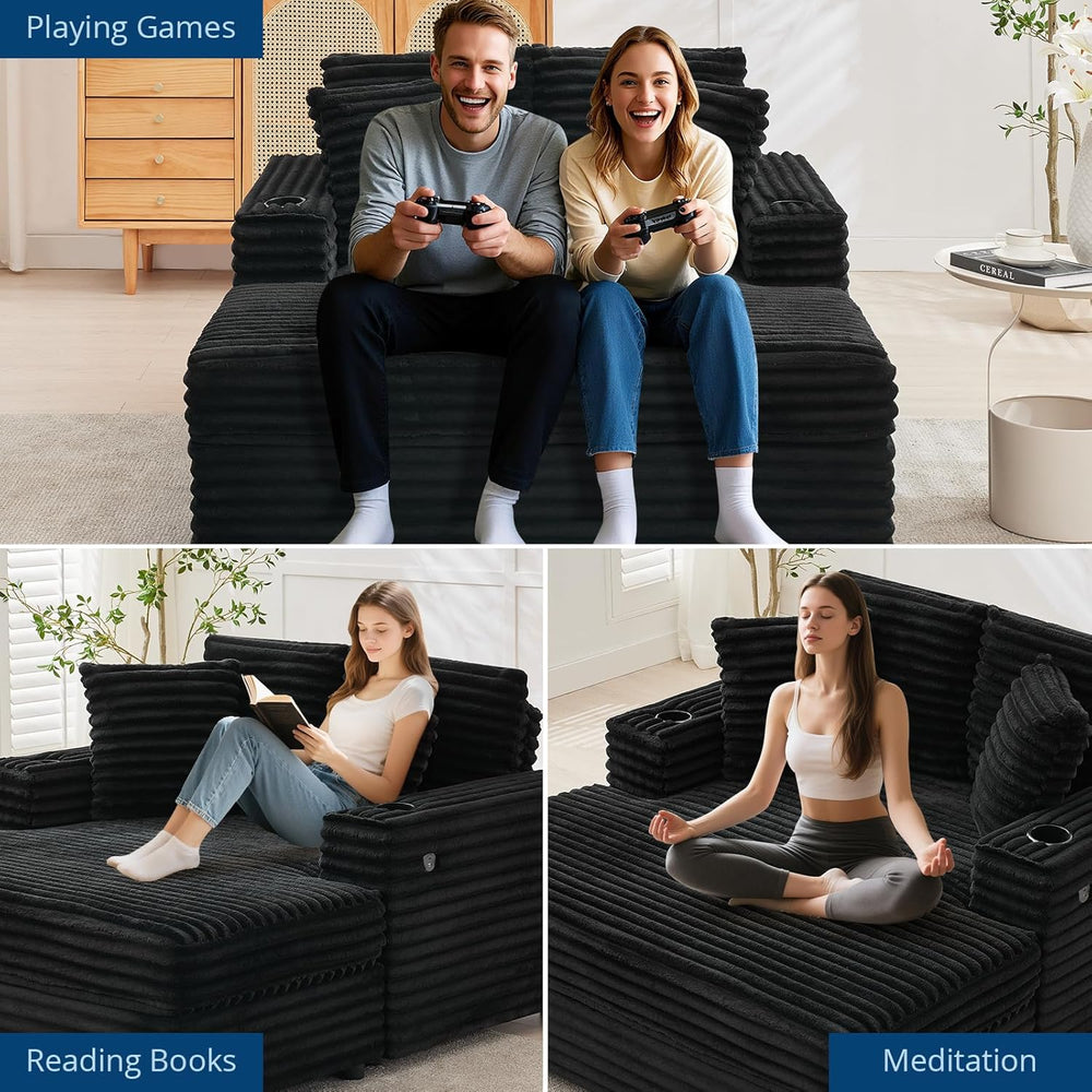 Garvee 60" Oversized Corduroy Chaise Lounge Chair,Black Indoor Sleeper Sofa
