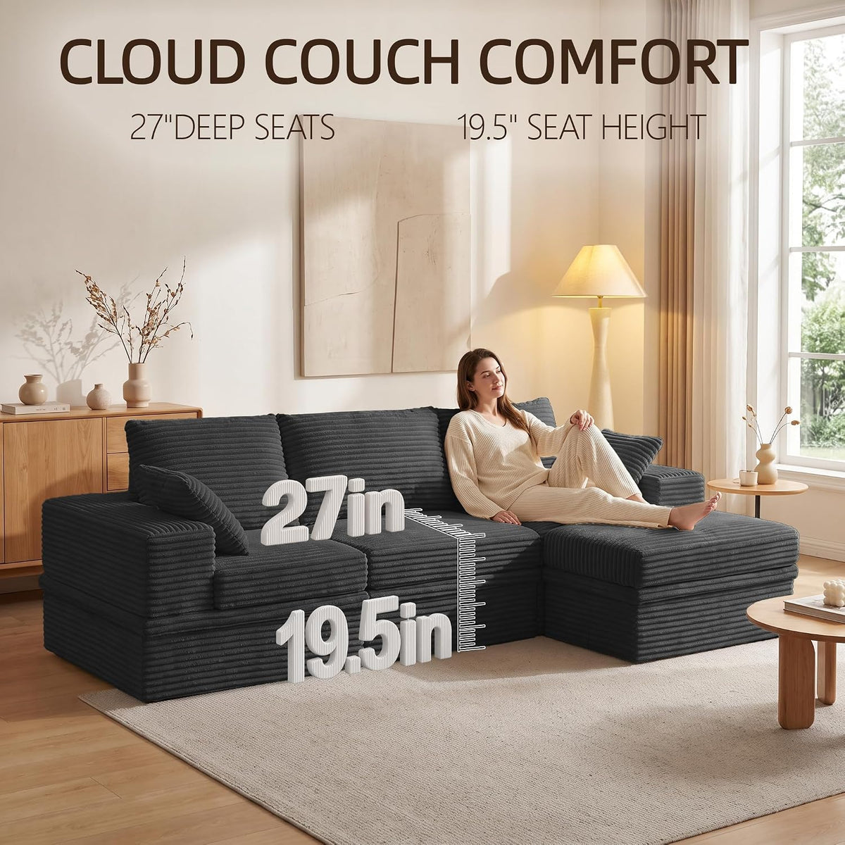 107" L-Shaped Modular Sectional Sofa with Movable Ottoman, Oversized Boneless Couch with Storage for Living Room, Corduroy Cloud Couch with High-Back Extra Deep Seats, No Assembly, Dark Grey