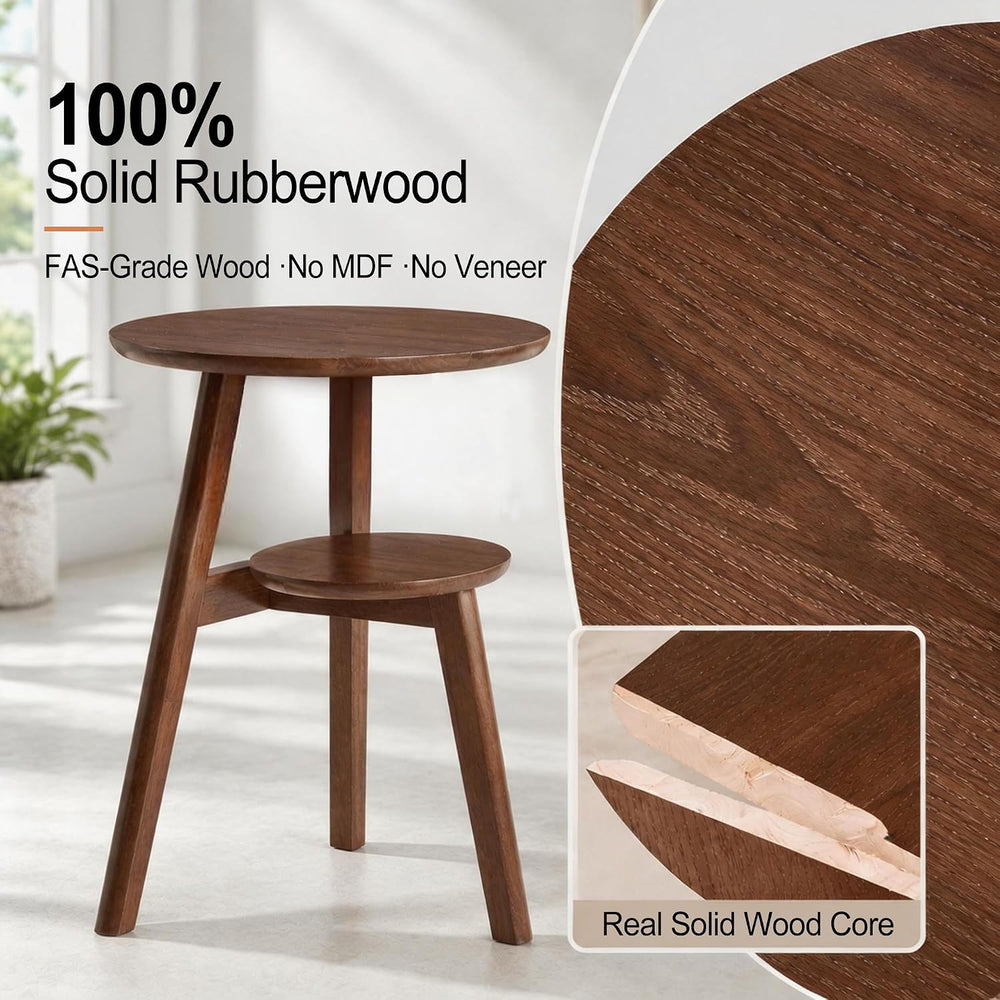 Small Round Side Table Set of 2, 16.5" 2-Tier Solid Wood End Tables, Walnut