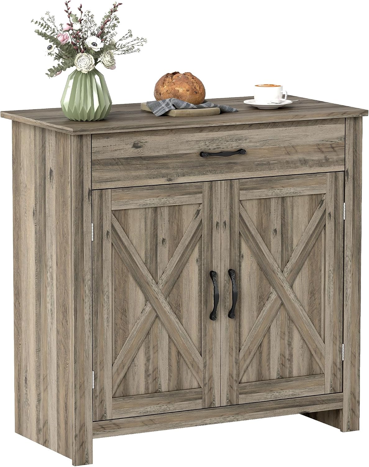 HOMCOM Farmhouse Sideboard Buffet Cabinet Barn Door Gray