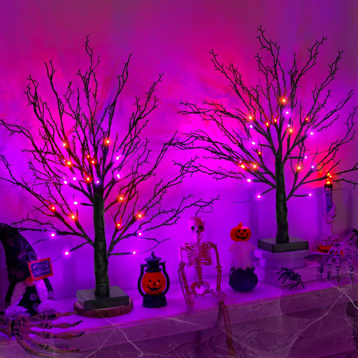2 Pack 24 Inch Black Halloween Tree with 24 LED Orange Purple Lights, USB Battery Operated Halloween Table Decorations Tree Light with Timer, Scary Halloween Decorations Indoor for Home Party Decor