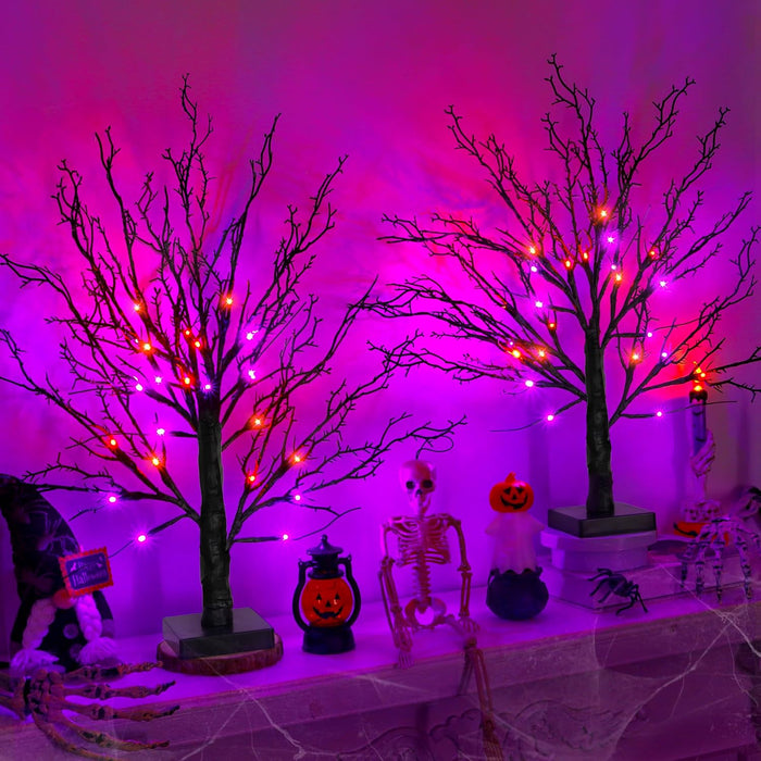 2 Pack 24 Inch Black Halloween Tree with 24 LED Orange Purple Lights, USB Battery Operated Halloween Table Decorations Tree Light with Timer, Scary Halloween Decorations Indoor for Home Party Decor