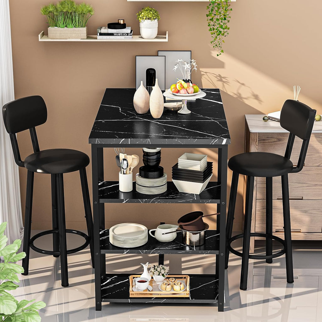 Kitchen Dining Table Set for 2, Bar Table and Chairs Set with 3 Storage Shelves, Tall Dining with 2 PU Leather Backrest Stools for Small Space, Kitchen Island, Apartment, Black