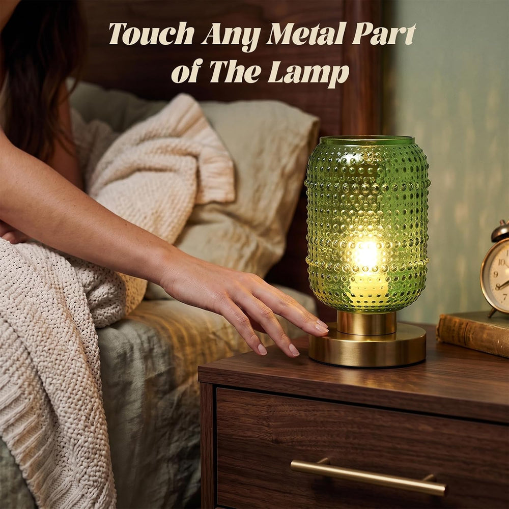 ZYER 8.9in Green Glass Table Lamp, Touch Control Lamp, Small Vintage Lamp