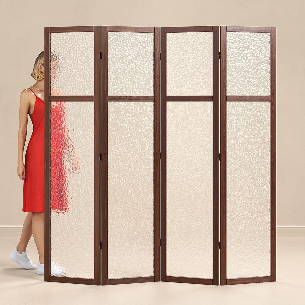 Svimi Acrylic Room Divider, Frosted 4-Panel Folding Screen, Walnut