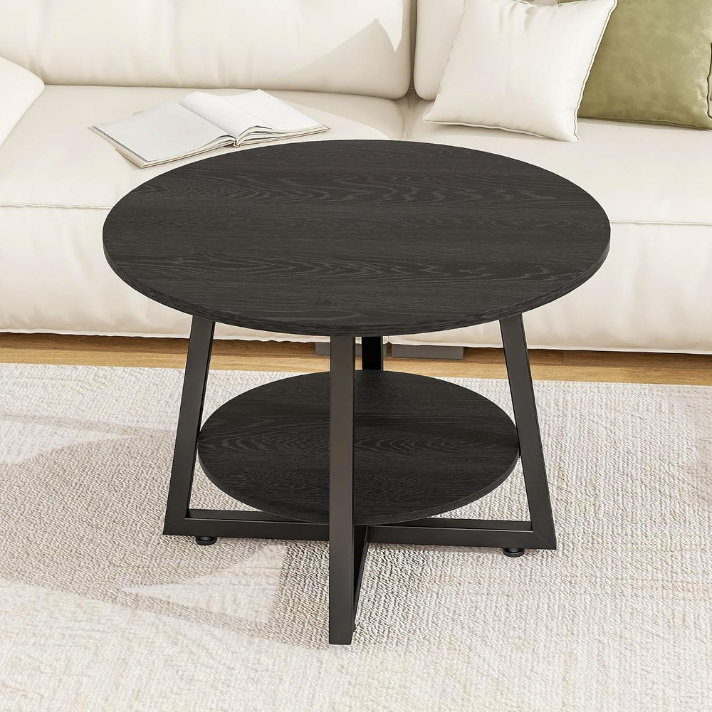 Round Coffee Table with Storage,Metal Small Coffee Table,Black