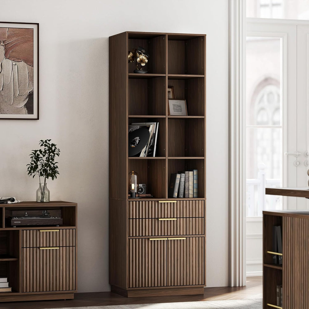 73'' Fluted Bookshelf with Doors and 2 Drawers, Black Walnut
