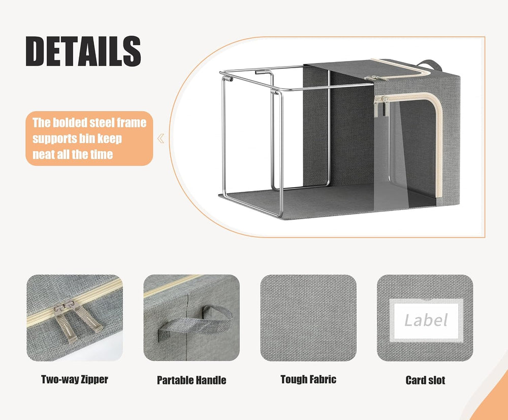 3 Openings Clothes Storage Bins with Metal Frame, Foldable Storage Bin for Cl...