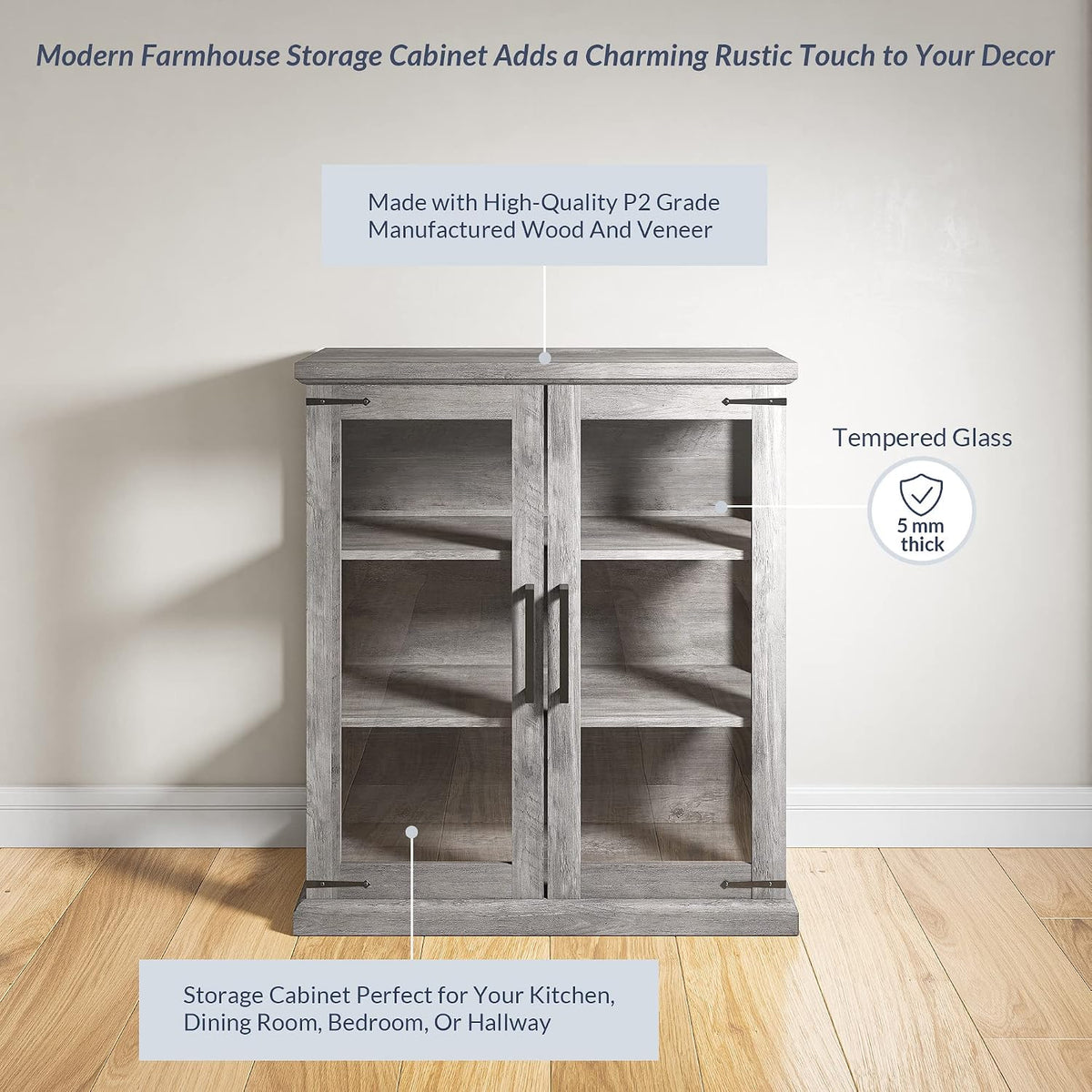 BELLEZE 36" Ashford Glass Display Cabinet - Gray Wash