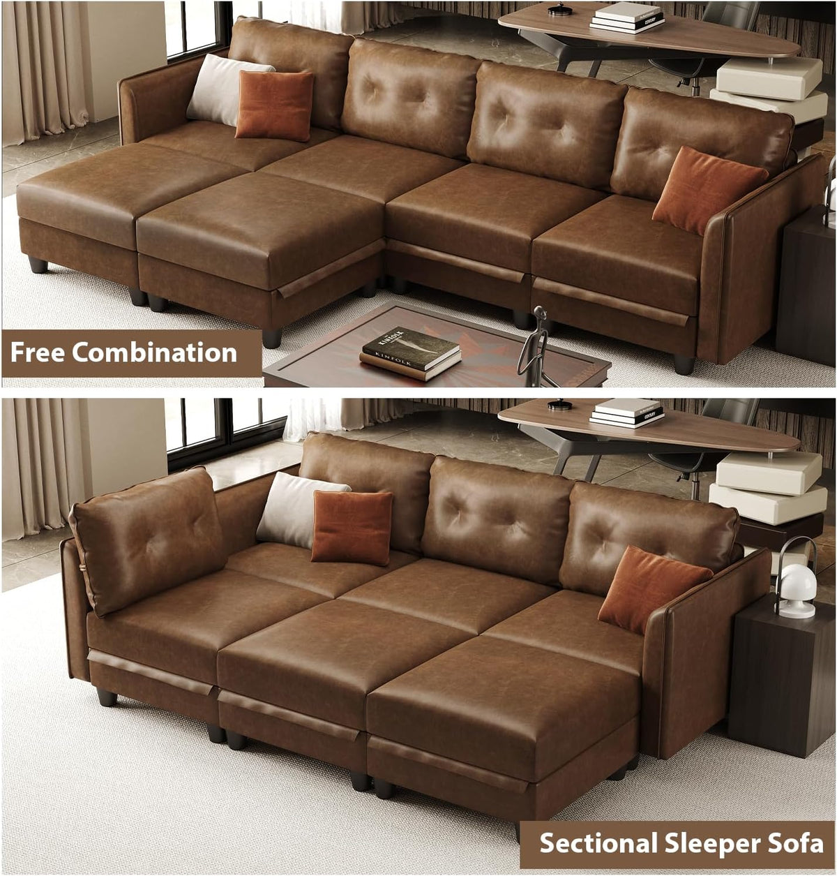 LLappuil 11-Piece Modular Sectional Sofa with Storage, Convertible Faux Leather Couch with Ottoman, Waterproof Skin-Friendly U/V Shaped Corner Oversized Sofas for Living Room, Brown