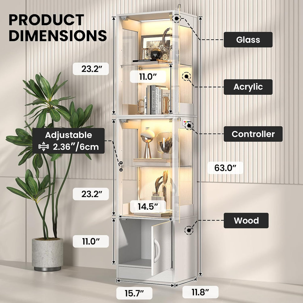 Display Cabinet with Glass Doors, RGB Lighting & Bottom Storage, White