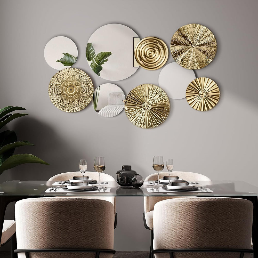 Blulu 9 Pcs Gold Mirror Wall Decor Metal Round