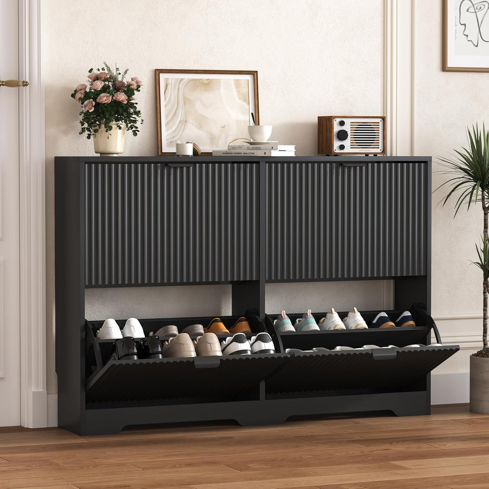 HUANLEGO Shoe Cabinet Storage for Entryway with 4 Flip Drawers, Black Fluted ...