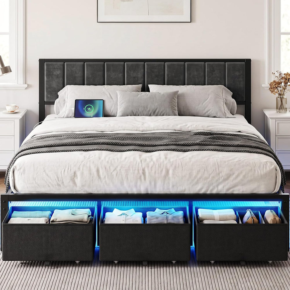 OLEVS King Bed Frame with 3 Drawers, Charging Station & RGB LED Lights