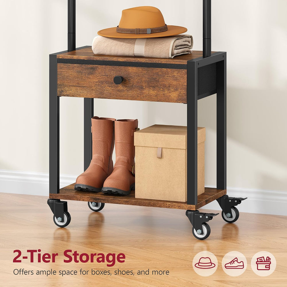 Tajsoon Coat Rack Freestanding with Lockable Wheel, Coat Stand with Drawer