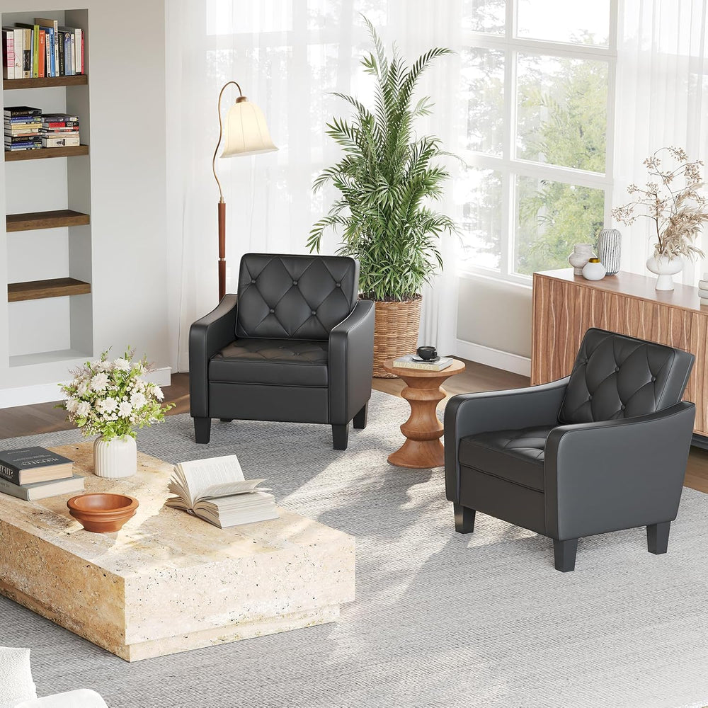 Black Tufted Leather Accent Chairs, Wide Armchairs for Living Room Office