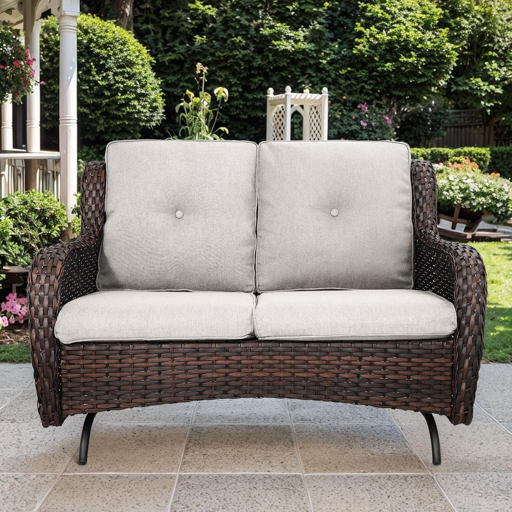 Patio Loveseat Wicker Loveseat Rattan Glider Sofa with Curved Armrest Thickin...