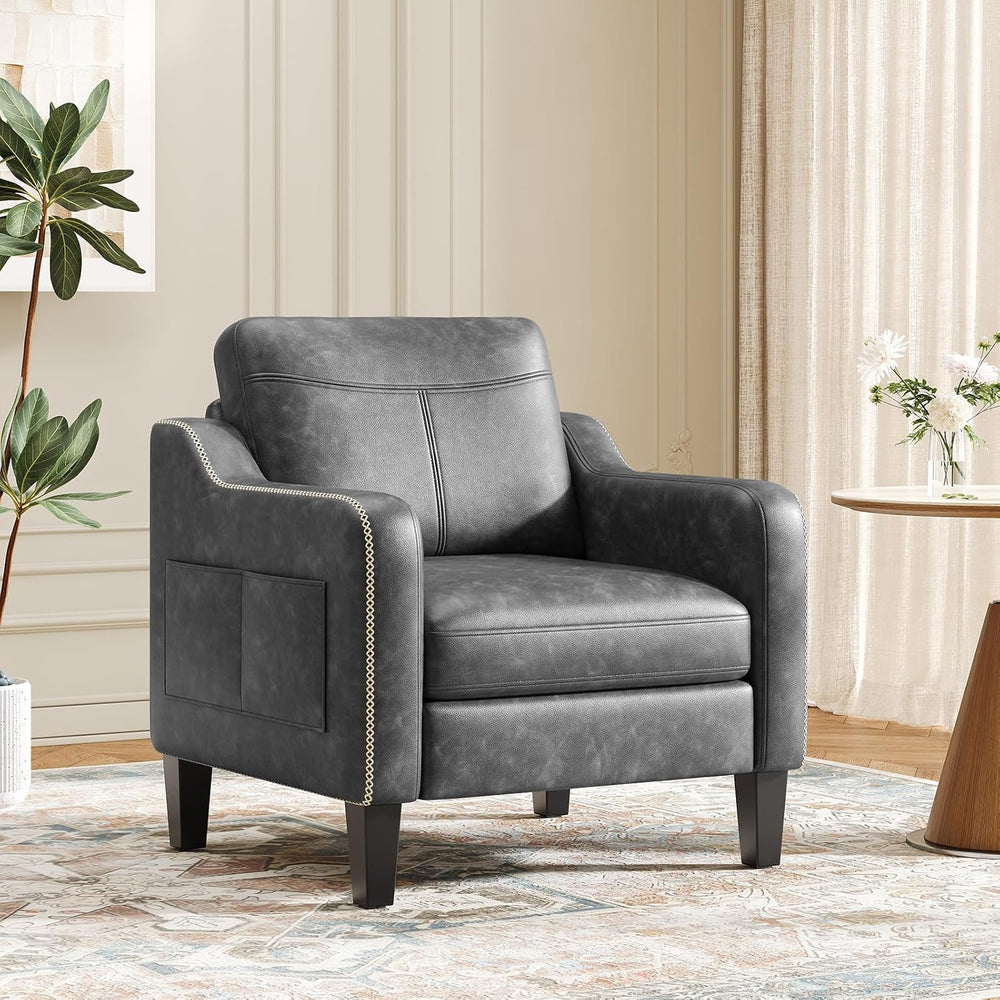 MALOL PU Leather Accent Chair with Solid Wood Frame, Black
