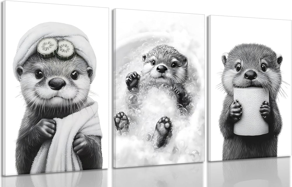 3Pcs Cute Otter Canvas Wall Art Funny Bathroom Paintings Pictures Wall Decor ...