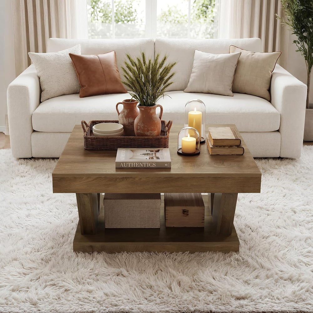 LITTLE TREE Coffee Table, Farmhouse Coffee Table with Large Storage Shelf, 2-...