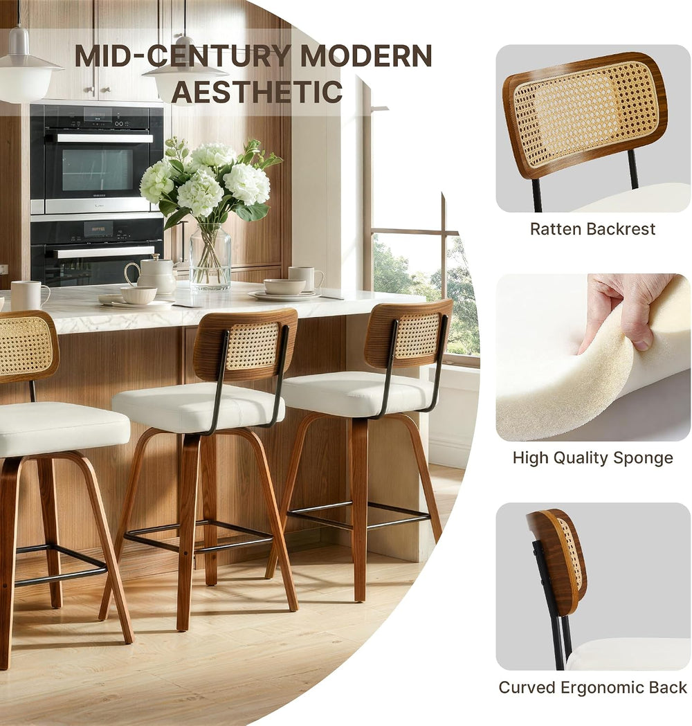 Swivel Bar Stools Set of 3, 26" Counter Height with Rattan Back, Ivory