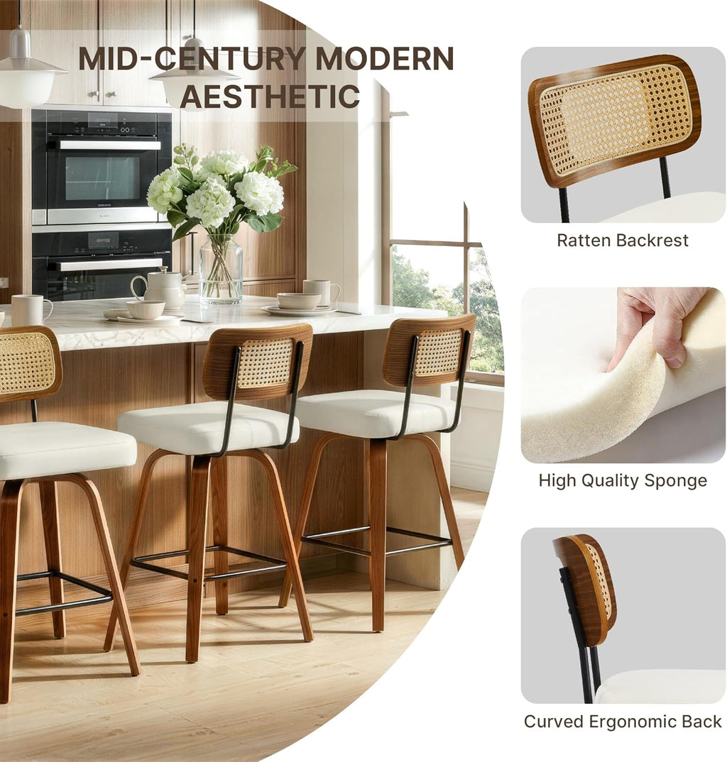 Swivel Bar Stools Set of 2, 26" Counter Height with Rattan Back, Ivory