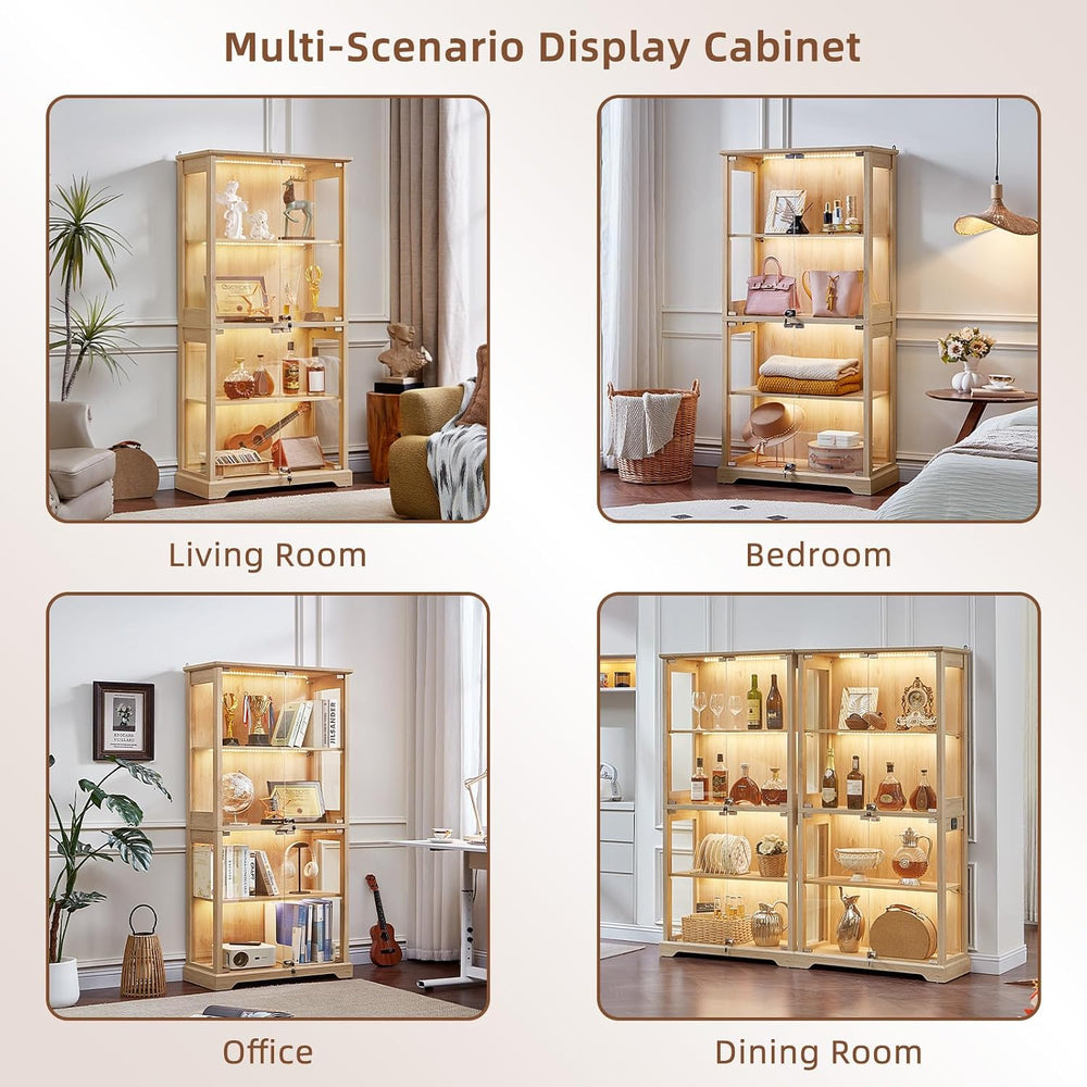 LELELINKY Farmhouse Glass Display Cabinet with Lock, Natural Wood